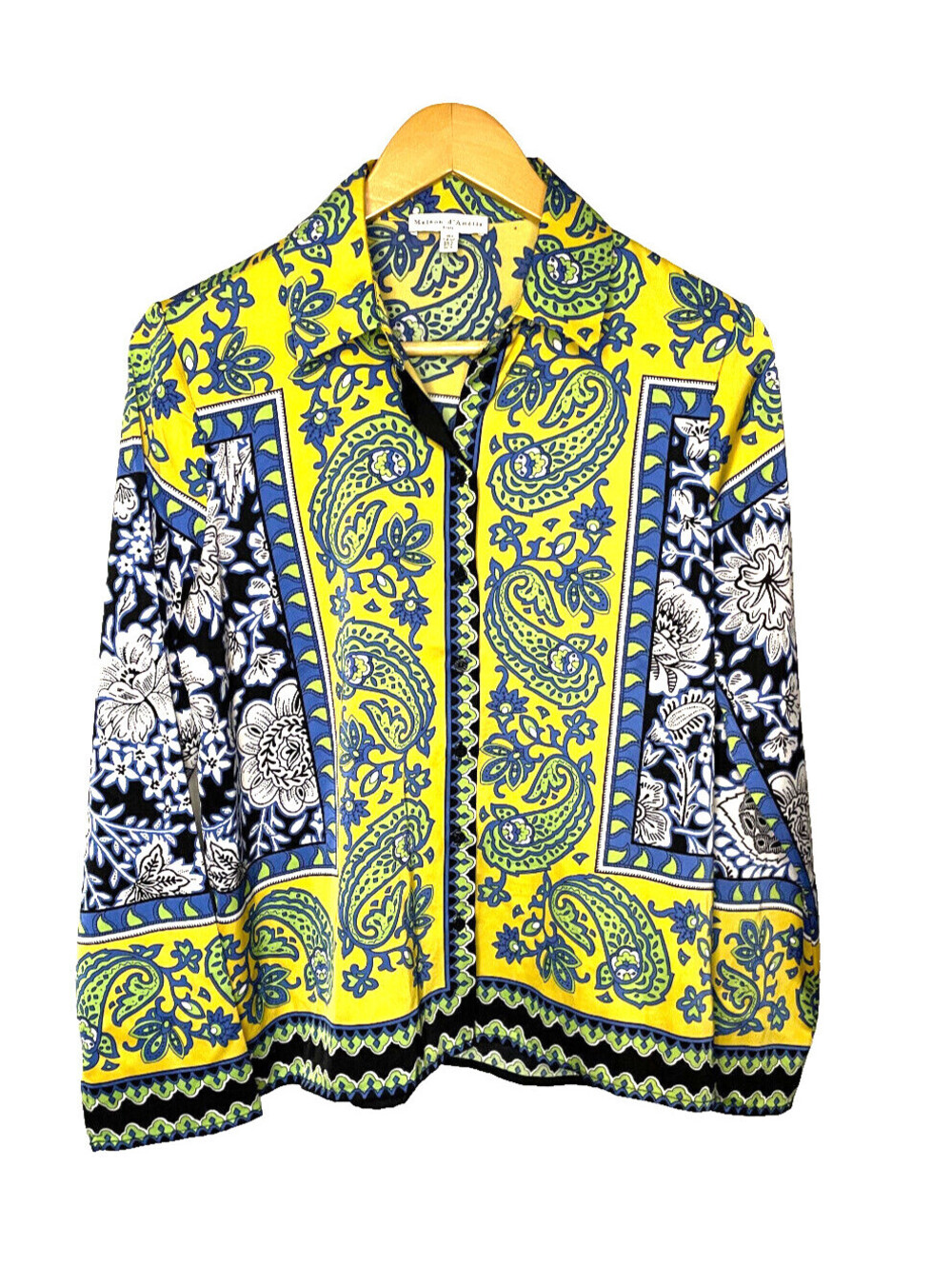 Maison d’Amelie Paris Vibrant Blue/ Yellow Silk-Like Button Blouse Size Small
